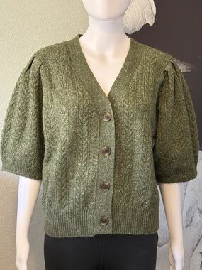 *NEW* LOFT Olive Green Cable Knit Puff Sleeve Cardigan Size XL